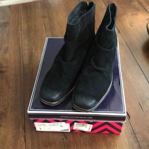 Black suede distressed booties.